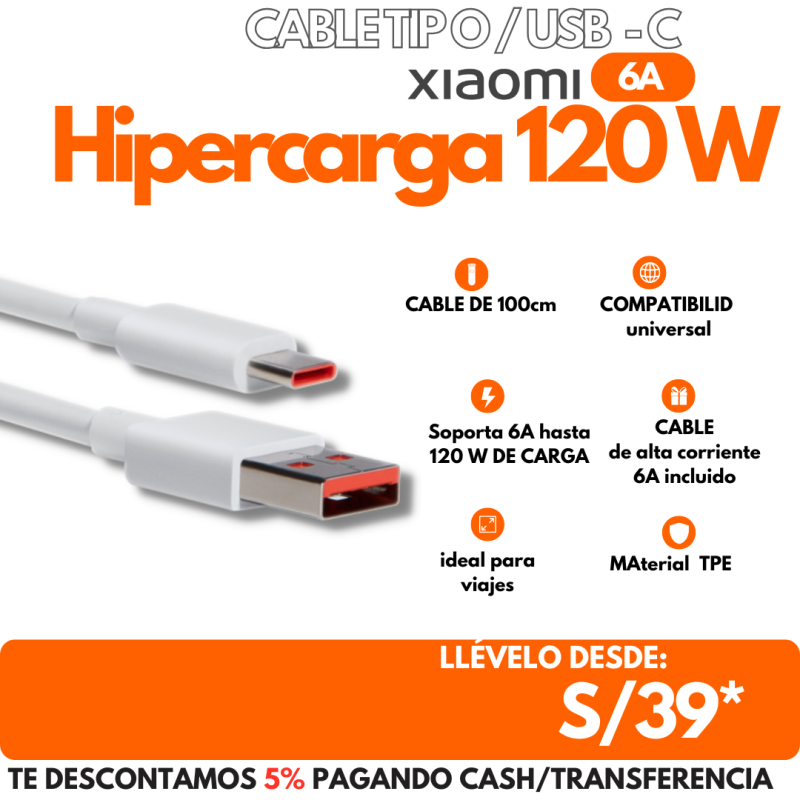 Cable 6A HiperCarga 120W Blanco