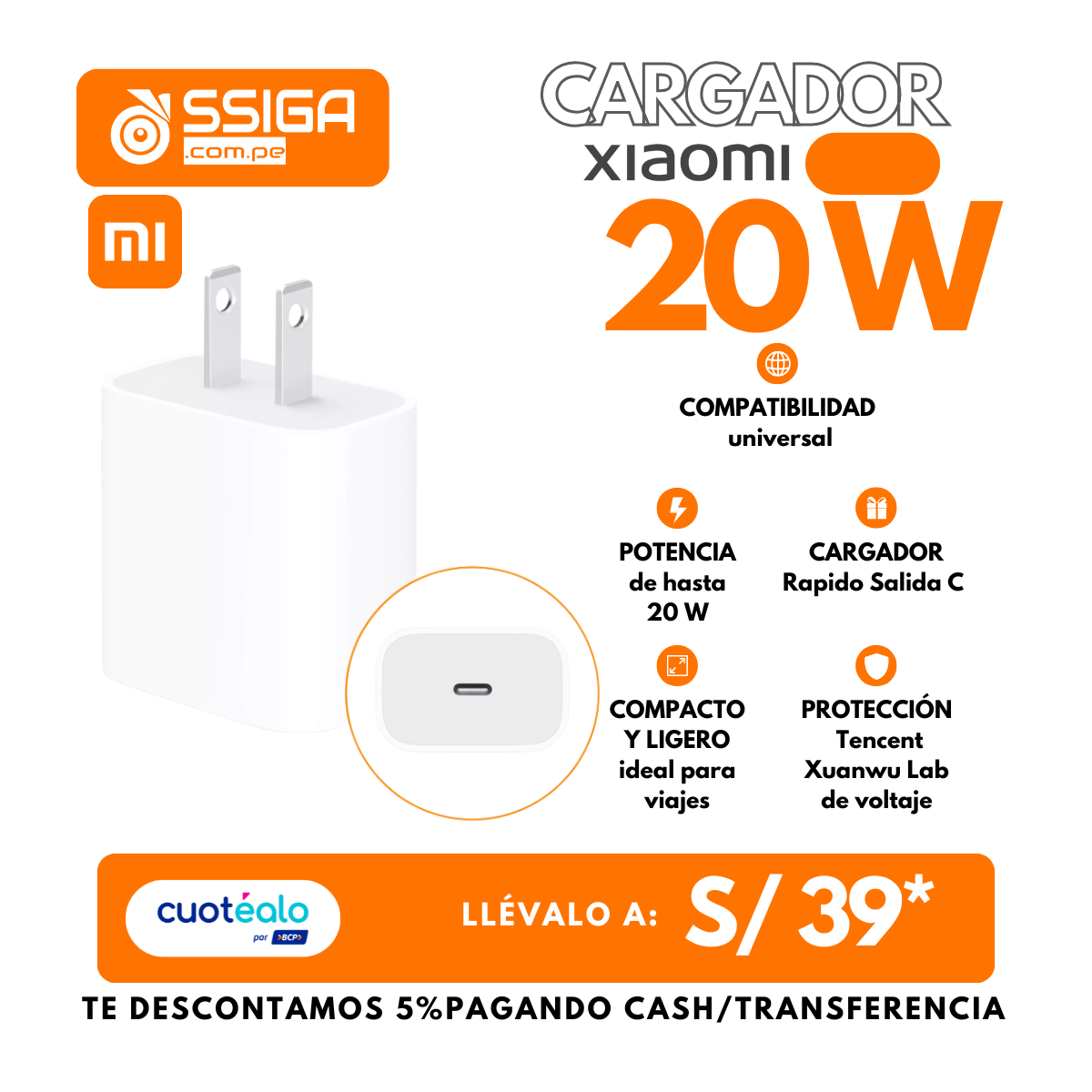 Cargador Rapido 20W Xiaomi Blanco