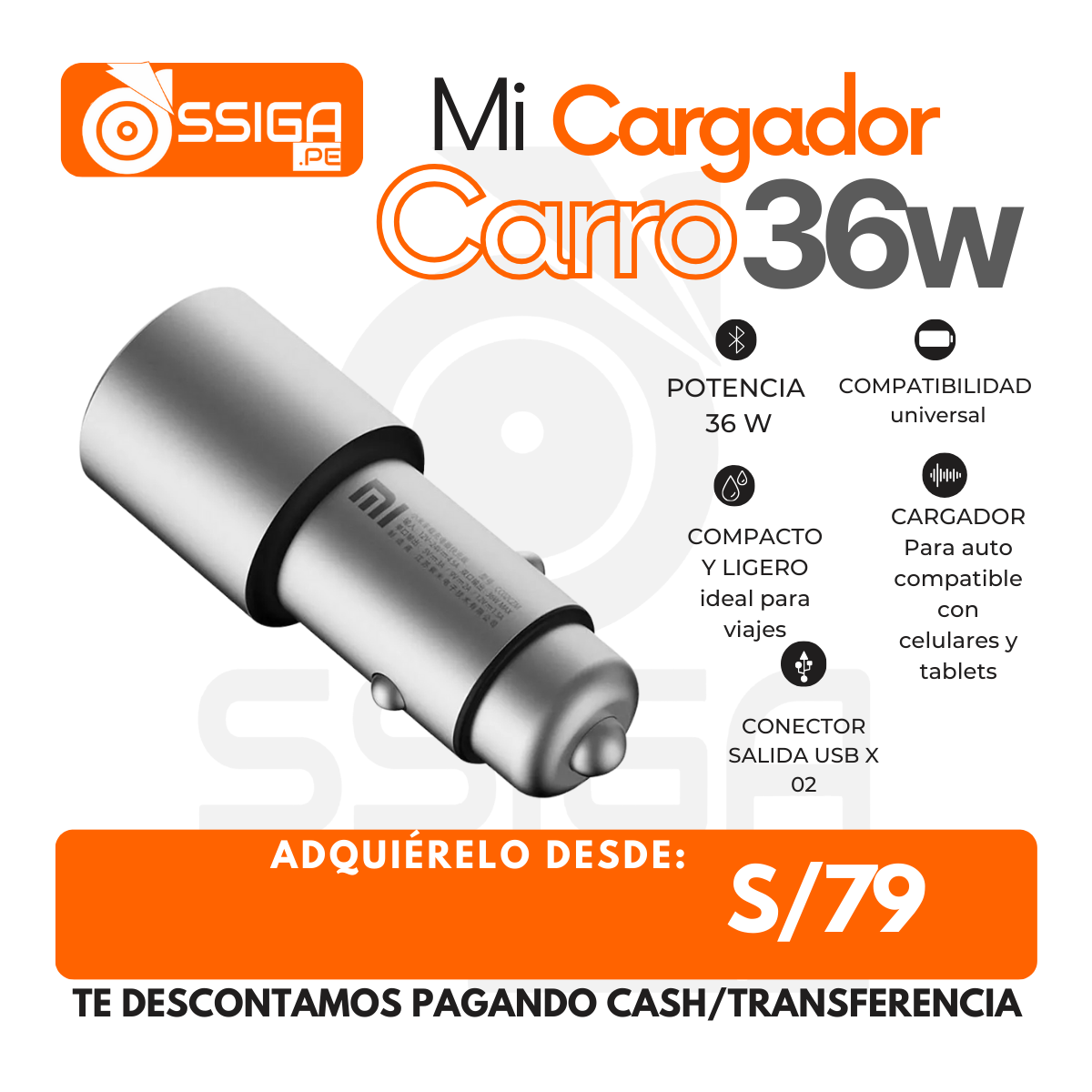 Mi Cargador de Carro 36W Plomo