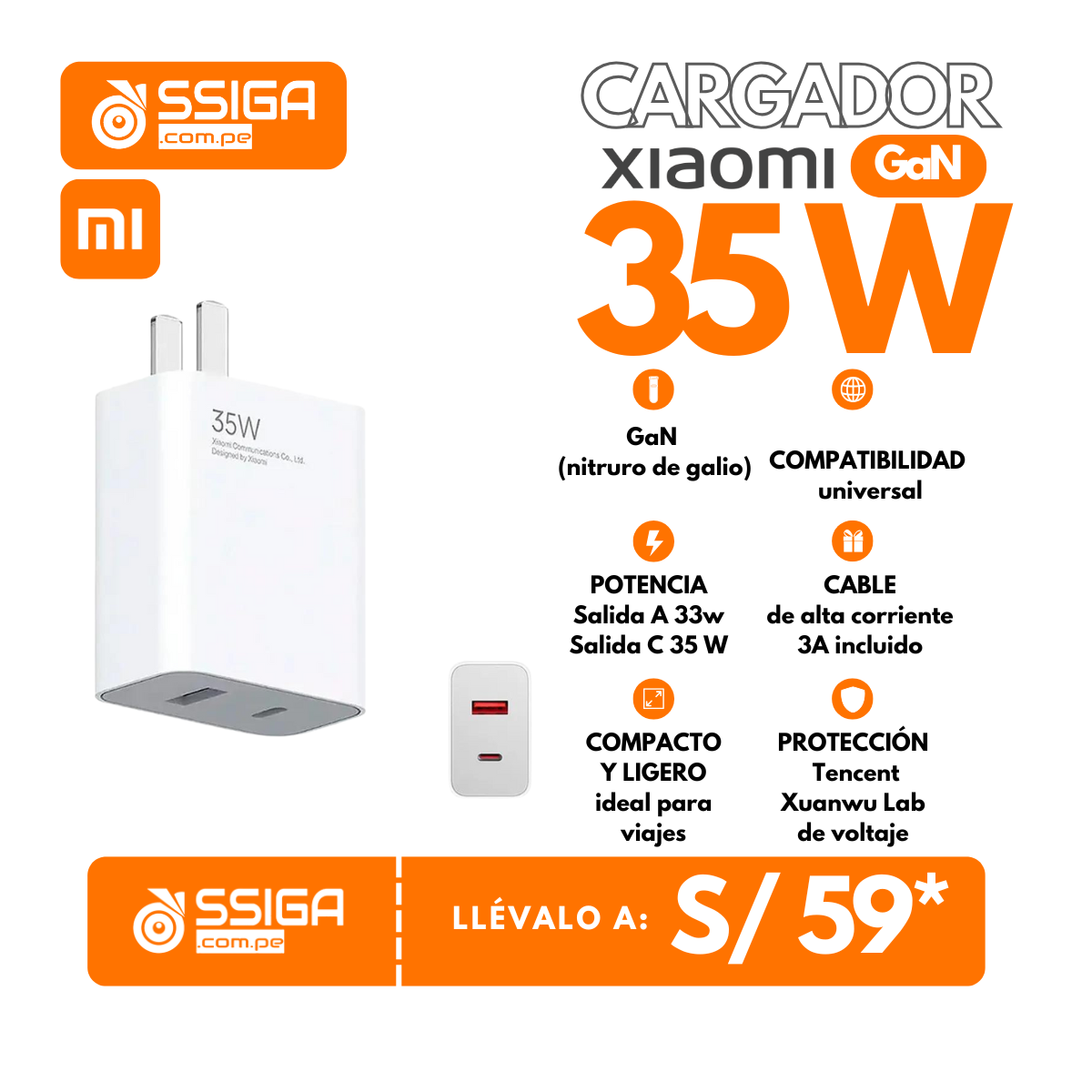 Cargador Turbo 35W Doble Salida Turbo Blanco