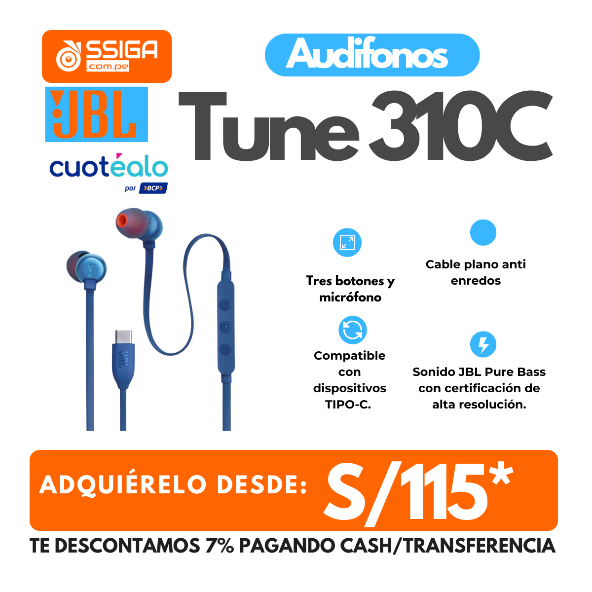 JBL Auricular 310C Tipo C Azul