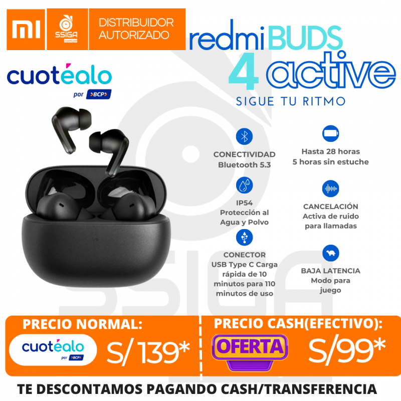 Audífonos Bluetooth Xiaomi Redmi Buds 4 Active Negro