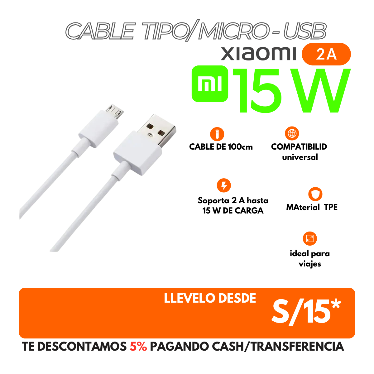 Xiaomi Cable 2A Usb-B8 MicroUsb  Blanco