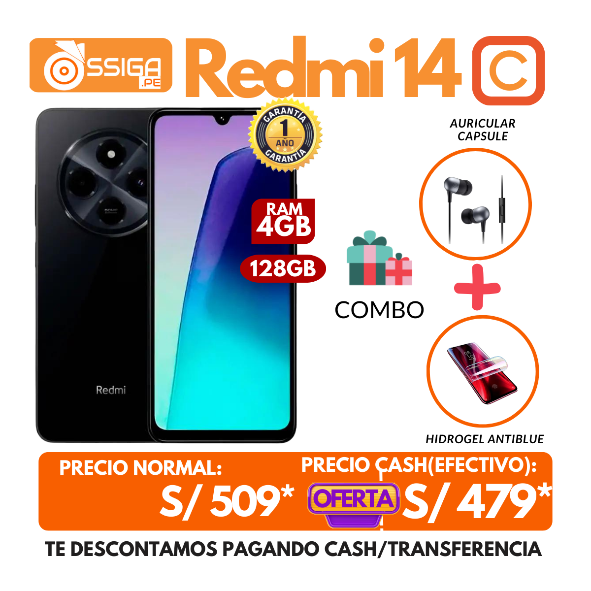 Combo Redmi 14c 128Gb Negro + Auricular + Hidrogel Antiblue